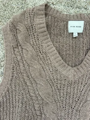 Pink Rose Women's Taupe Cable-Knit V-Neck Sweater Vest thumbnail 3