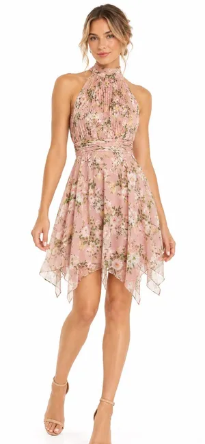 NWT Mac Duggal Ieena 70208 High Neck Floral Print Dress Pink Multi Size 0 thumbnail 1