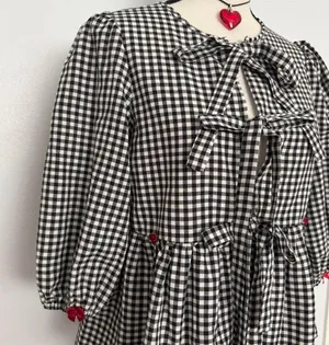 Boutique black & white gingham bow tie up blouse with mini red bows & red rosebuds thumbnail 5