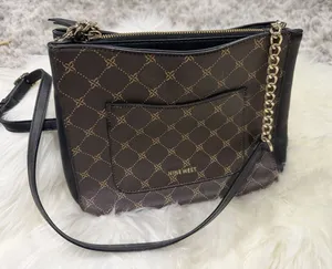 Nine West Brown Monogram Crossbody Shoulder Bag Purse Gold Chain Black Logo thumbnail 1