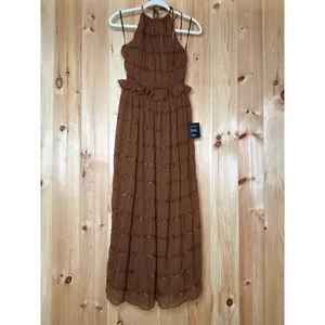 NWT Lulus Madriana Brown Halter Neck Ruffed Midi Dress Bohemian Summer Sz M thumbnail 2