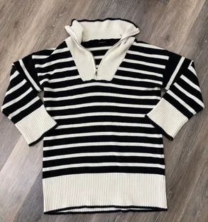 Blu Pepper Striped Sweater Quarter Zip Black Cream Size Small Chunky Knit thumbnail 1