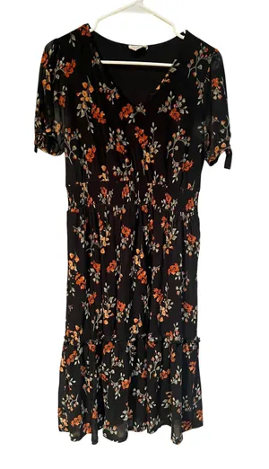 Ember Women's Size Medium Midi Dress Black Orange Floral V-Neck Short Sleeve thumbnail 1