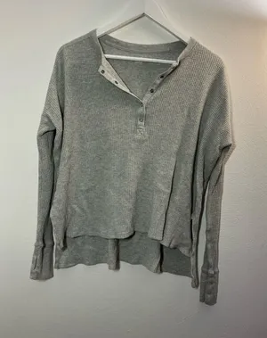 Aerie Light Gray Waffle Henley Crewneck Top Size Small thumbnail 1