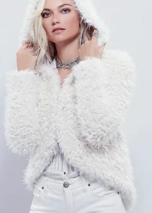 FREE PEOPLE Size Large FLUFFY ONCE UPON A‎ HOODED JACKET IVORY thumbnail 1