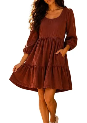 Brown cotton dress with tiered skirt and 3/4 sleeves, size M (8-10) thumbnail 1