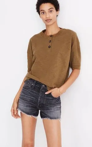 Madewell Rustic 100% Cotton Jersey Raw-Edge Henley Cropped Short Sleeve Tee M thumbnail 1