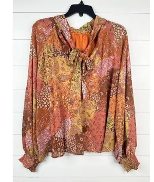 Aura Floral Paisley Patchwork Long Sleeve Peasant Blouse Size L Tie Back thumbnail 3