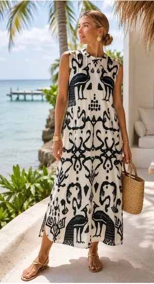 Sheridan French Callie Large Midi Dress Black White Peacock Print Resort Tribal thumbnail 1