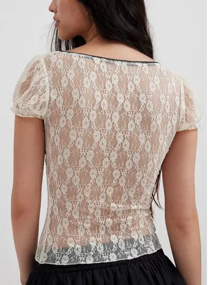 Women’s Sz Medium Short Sleeve Blouse White Lace Black Trim Bow Scoop Neck Sheer thumbnail 3