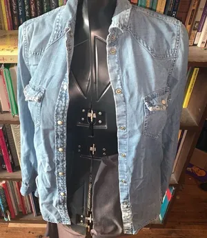 American Eagle light wash denim boyfriend fit XS button down shirt thumbnail 1