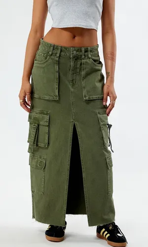 PacSun Olive Cargo Maxi Skirt thumbnail 1