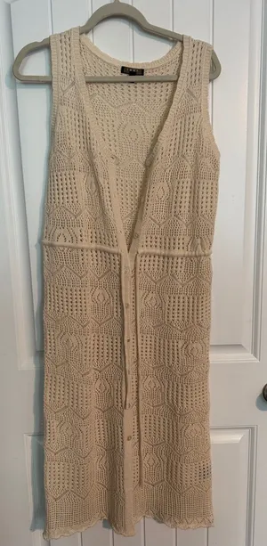 Crochet Midi Vest Sweater with Waist Tie in Cream thumbnail 1