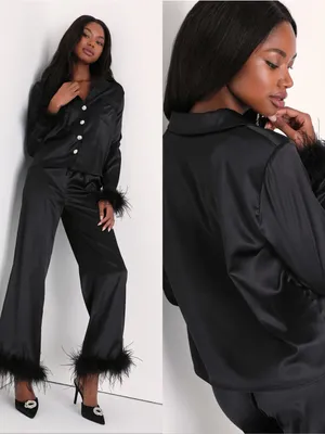 LULU’S Dreamiest Delight Black Satin Feather Two-Piece Pajama Set thumbnail 2