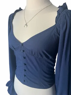 Anthropologie NWT Navy Blue Blouse Sz XS Cotton Sweetheart Neck 3/4 Puff Sleeve thumbnail 5