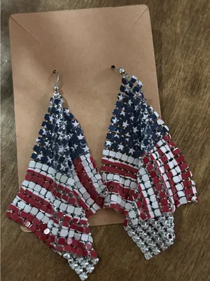 Patriotic USA American Flag mesh drop earrings feature a flowy design thumbnail 3