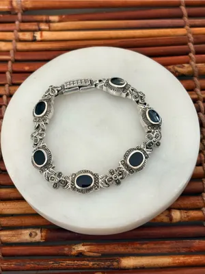 Vintage Marcasite Sterling Silver Floral Bracelet with Black Stones 7” thumbnail 4