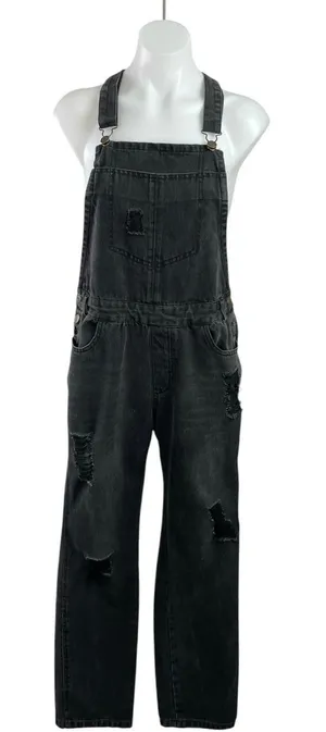 Love Tree Women's Black Washed Distressed Bib Straight Denim Jean Overalls Sz M thumbnail 1
