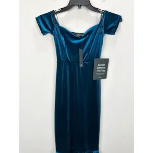 Lulus How Much I Care Dark Teal Velvet Off-the-Shoulder Midi Dress Party XS NWT thumbnail 6