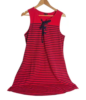 Talbots Shift Dress Size L Red Navy Striped Lace Up Knit Nautical Preppy‎ thumbnail 1