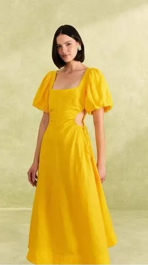 NWOT Farm Rio Linen Puff-Sleeve Cutout Midi Dress Yellow Size S thumbnail 1