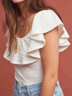 Anthropologie Textured Off The Shoulder Ruffle Top Size Small White thumbnail 1