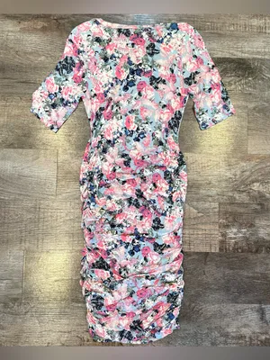 Motherhood Maternity Knee Length Floral Pink Blue Dress Small Stretchy Summer thumbnail 4
