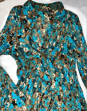 APT 9 Ruffled and Pleated Long Sleeve Blouse, Turquoise & Brown, Size M thumbnail 4