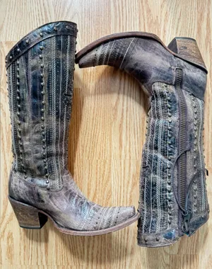 Corral Distressed Brown Crystal Cross Stripes and Studs Tall Boot Size 7M thumbnail 1