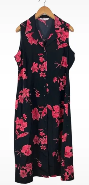 Vintage Y2K Dressbarn Women’s Size 18W Floral Button Front Black Summer Dress thumbnail 1