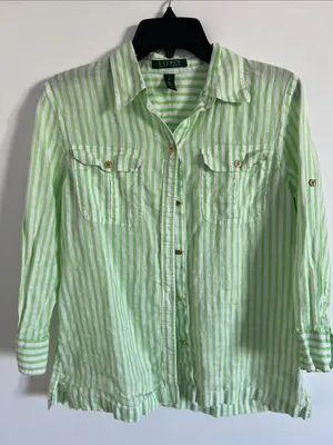 Ralph Lauren Green White Striped Linen Shirt M Preppy Coastal Classic Relaxed Fi thumbnail 1