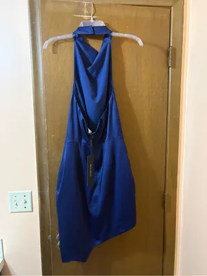 NWT Elliatt Navy Satin Asymmetrical Halter Mini Dress thumbnail 6