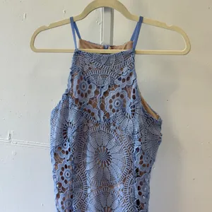 Francesca's Blue Crochet Lace Halter Mini Dress Garden Party Medium Cocktail thumbnail 3