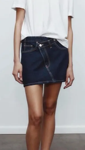 Zara dark wash crossover waist denim mini skirt size small thumbnail 1