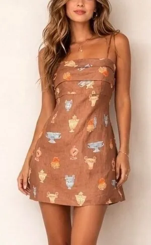 Roame Isola Linen Spaghetti Strap Mini Dress in Ceramica Desert Brown Size US 6 thumbnail 1