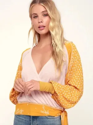 NWT Free People Pink Mustard Yellow Long Sleeve Wrap Auxton Top Women's Small thumbnail 1