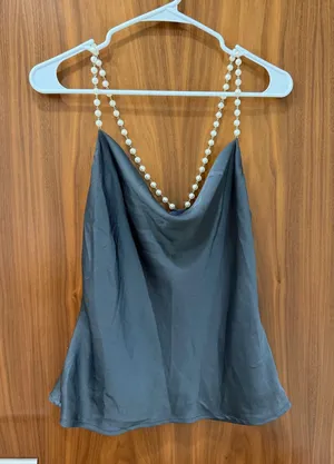 Vintage Pearl Cowl Neck Top Blue Size XS thumbnail 1