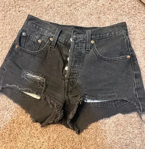 Levi's Black Distressed Button-Fly Denim Shorts thumbnail 1