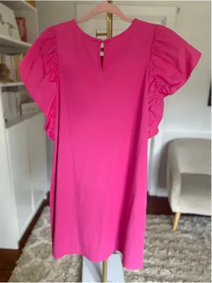 Crown & Ivy Hot Pink Mini Dress Puff Sleeve Preppy Quiet Luxury Barbie Vaca Boho thumbnail 3