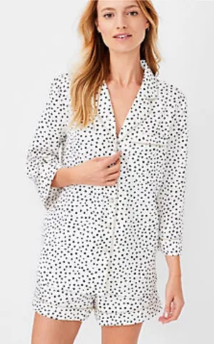 Ann Taylor Polka Dot White Black Gold Pajama Set Short Shirt Top thumbnail 1