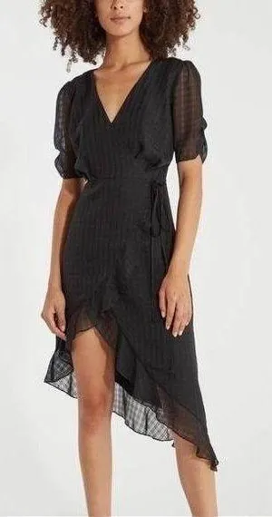 4S13NNA Womens Valerie Ruffle Hem Wrap Black Dress Short Puff Sleeves L thumbnail 1