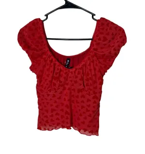 Motel Rocks Red Heart Velvet Mesh Off‎ Shoulder Ruffle Cap Sleeve Crop Top Size S thumbnail 1