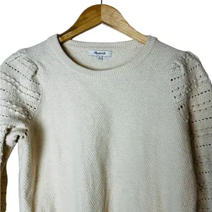 Madewell Womens Bobble Sleeve Sweater Pullover Ivory Cotton Merino Wool Medium thumbnail 3