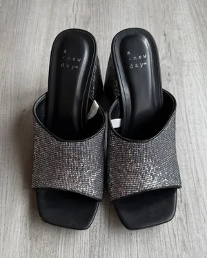 A New Day Black Rhinestone Block Heel Slide Sandals Sparkly Mule thumbnail 1