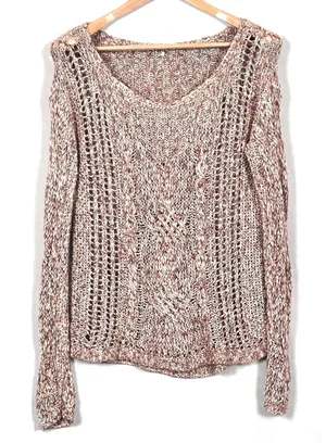 Free People Open Cable Knit Sweater Womens Small Pullover Cotton Linen Boho Pink thumbnail 1
