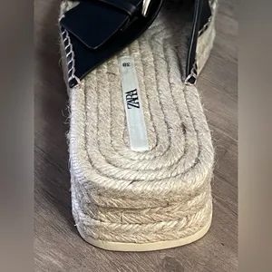 Zara Black Leather Espadrille JUTE WEDGE SANDALS thumbnail 13