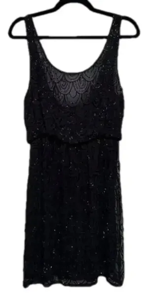 ALICE‎ + OLIVIA 100% Silk Beaded Mini Black Dress Women’s Medium thumbnail 1