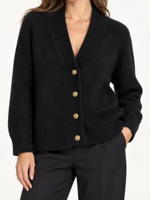 Tuckernuck Rachel Black 100% Cashmere Gold Button Cardigan Sweater XL thumbnail 1