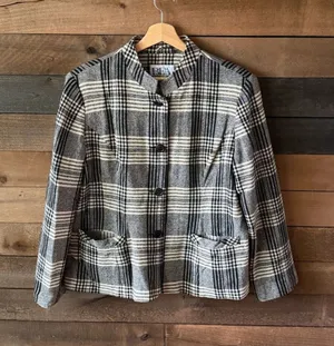 Vintage 90s Plaid Wool Blend Jacket Gray Black Cream Minimalist Coat thumbnail 1