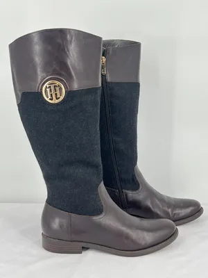 Tommy Hilfiger Madelen 2 Brown Leather Charcoal Wool Gold Logo Riding Boots 9.5 thumbnail 1
